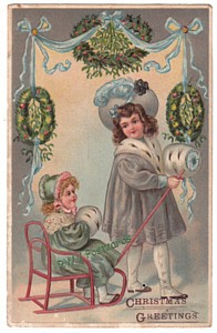 Vintage Christmas Postcard, Sled Girls