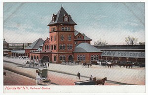 Antique train postcard of Manchester, NH railroad station